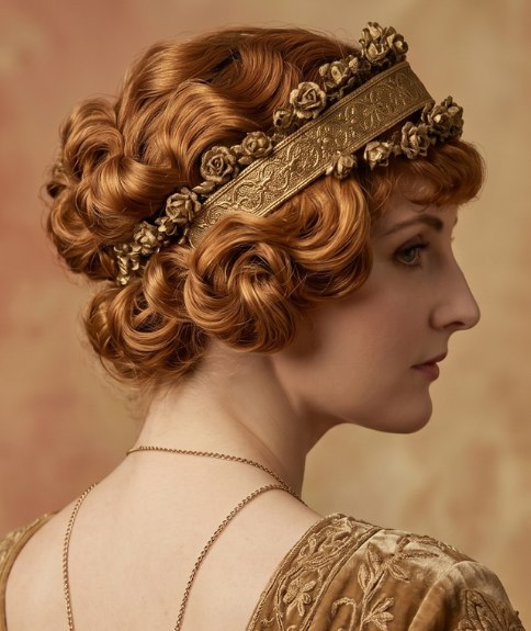 Coiffure du d&eacute;but des ann&eacute;es 1910 avec boucles et bandeau