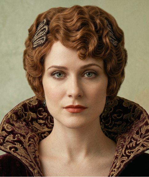 Cheveux brun-roux coiff&eacute;s en une &eacute;l&eacute;gante coiffure relev&eacute;e &agrave; la mode en 1914