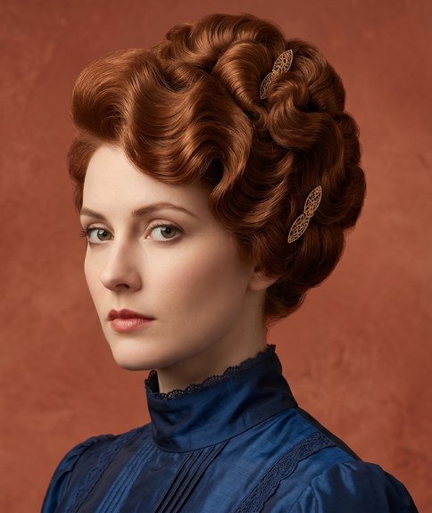 Coiffure relev&eacute;e audacieuse de 1914 aux cheveux cuivr&eacute;s