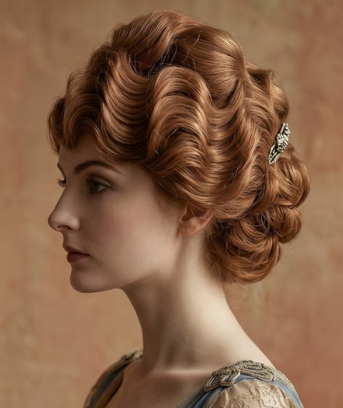 Coiffure vintage de 1914 &agrave; la magnifique silhouette