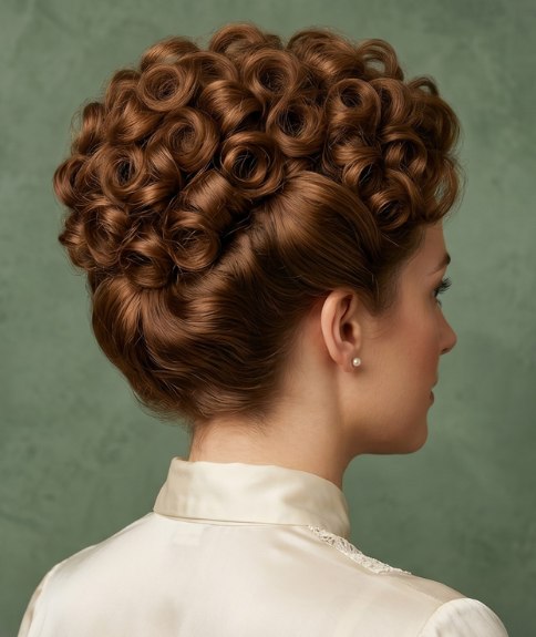 Coiffure relev&eacute;e vintage de 1914 aux boucles parfaites