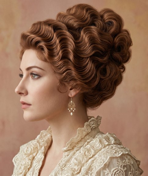 Chignon haut avec ondulations cuivr&eacute;es