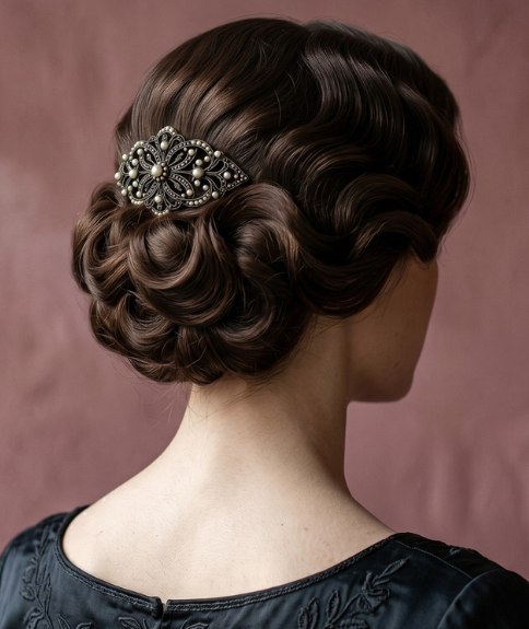 Chignon &eacute;l&eacute;gant aux cheveux fonc&eacute;s et aux ondulations lisses