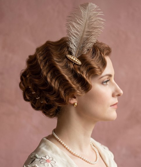 Cheveux ondul&eacute;s des ann&eacute;es 1910 orn&eacute;s d&rsquo;une plume