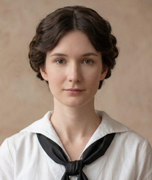 Cheveux de 1919 avec chignon, blouse de marin et foulard