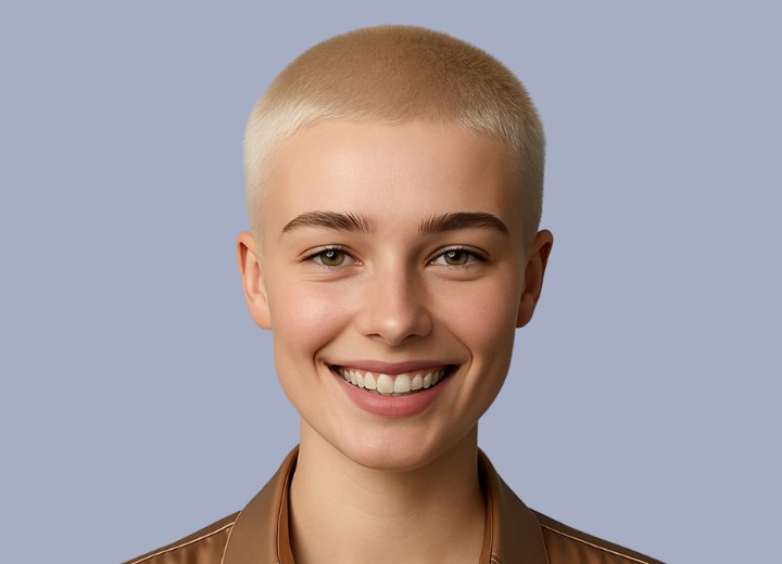 Femme portant une coupe buzz cut blonde