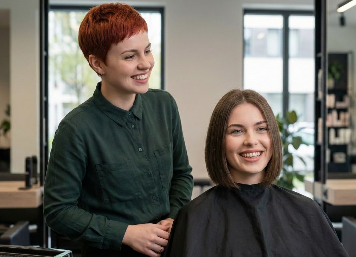 Cliente de salon de coiffure après une grande transformation en carré