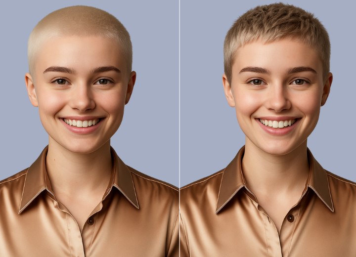 Femme avec une coupe très courte à la tondeuse et les cheveux décolorés