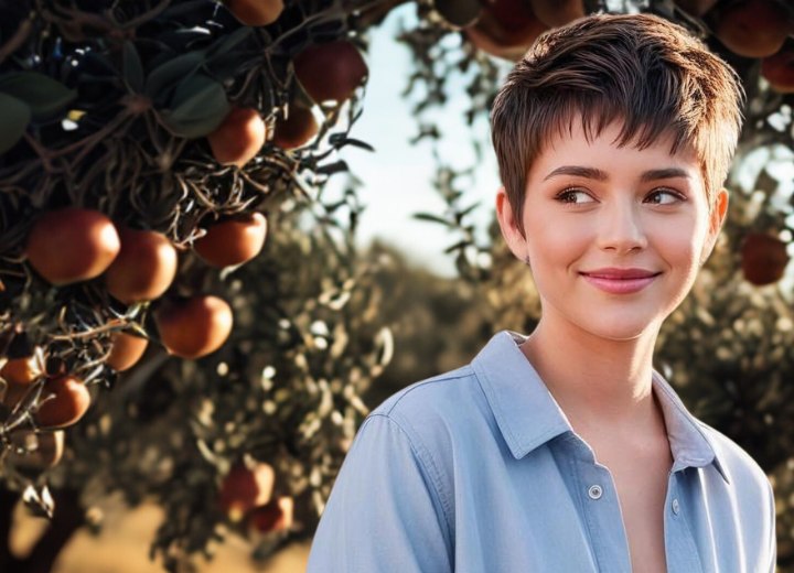 Femme aux cheveux courts et sains en coupe garçonne
