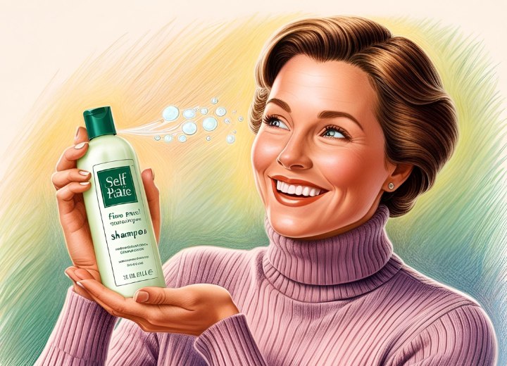 Femme heureuse sentant un shampoing au parfum agréable