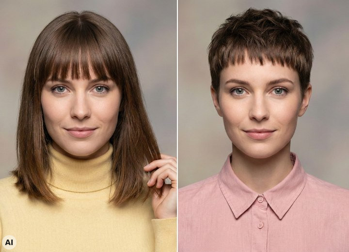 Une femme, avant et apr&egrave;s une transformation de long &agrave; court