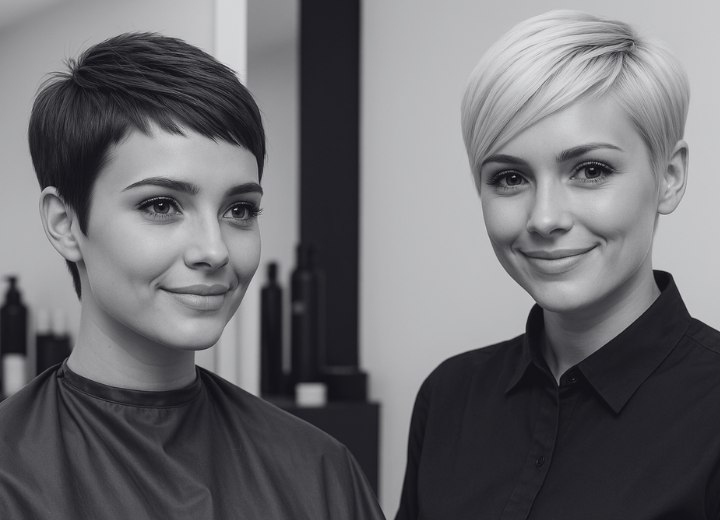 Modèle pour une école de coiffure et future coiffeuse arborant une coupe pixie