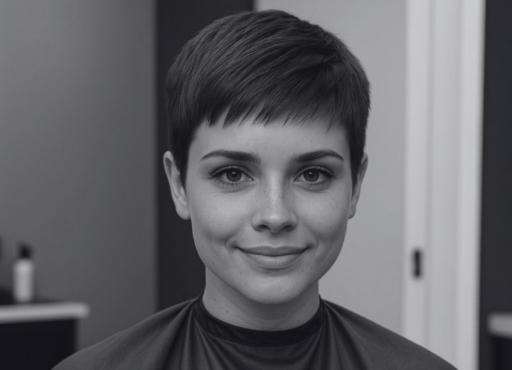 Modèle pour une école de coiffure portant une cape de coupe et affichant une coupe pixie