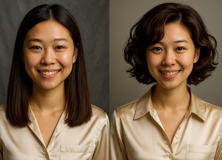Relooking de cheveux asiatiques, de longs et lisses à courts et bouclés