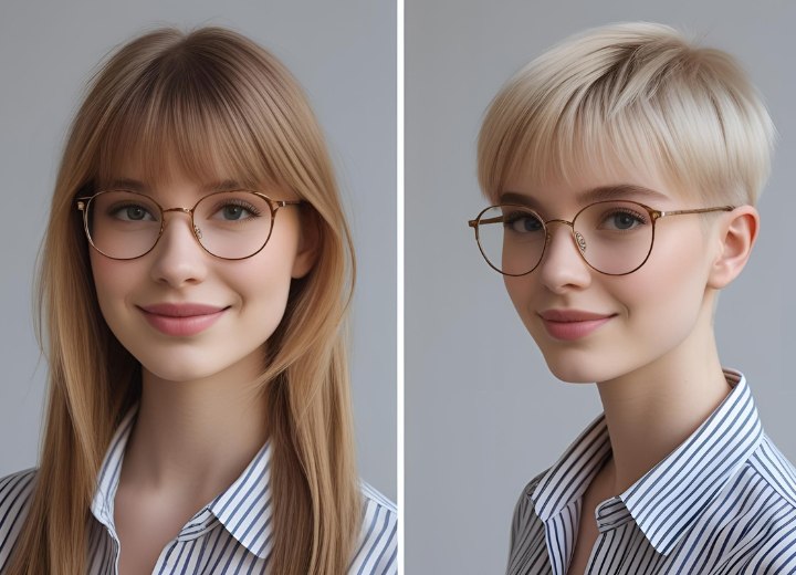 Relooking de cheveux longs à courts pour une femme qui porte des lunettes