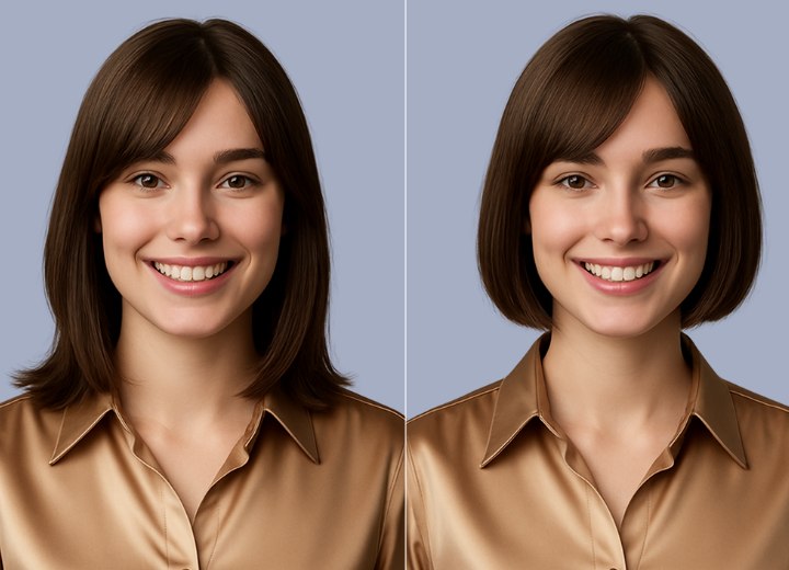 Femme avant et après un relooking passant de cheveux aux épaules à un carré