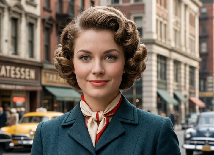Coiffure des ann&eacute;es 1950 avec boucles &eacute;pingl&eacute;es