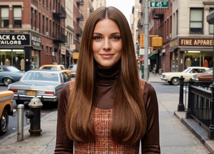 Cheveux longs et raides des ann&eacute;es 1970 avec une raie au milieu