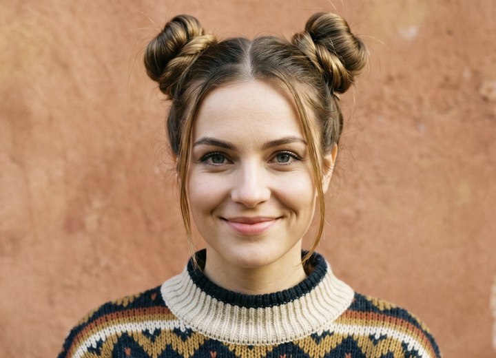 Cheveux des ann&eacute;es 1990 avec des chignons macarons