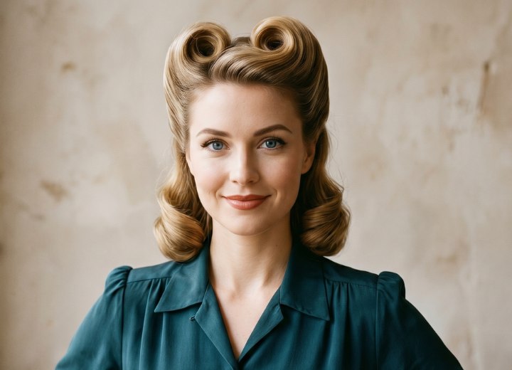 Coiffure des ann&eacute;es 1940 avec victory rolls