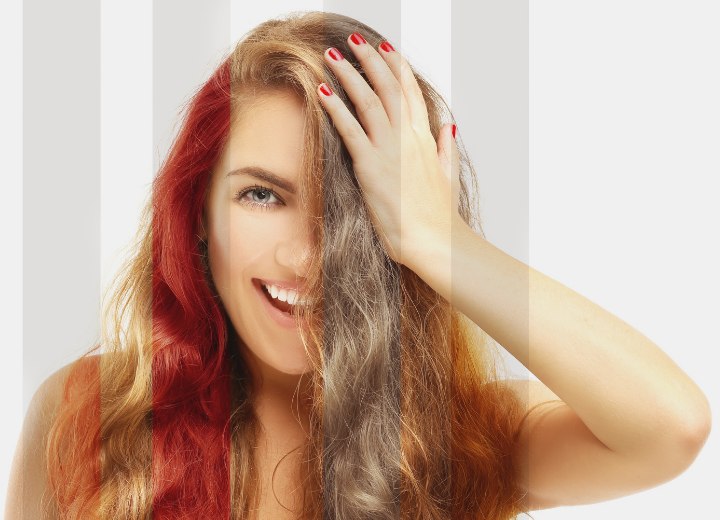 Une femme avec une couleur de cheveux en transition du blond, au roux, au brun