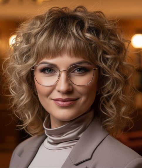 Coupe mi-longue bouclée avec une frange