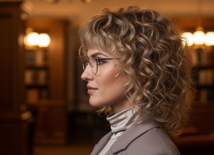 Coupe mi-longue bouclée inspiré des années 1970 – Vue de côté