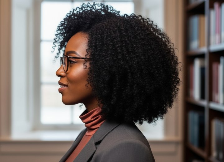 Style mi-long pour cheveux très bouclés – Vue de côté