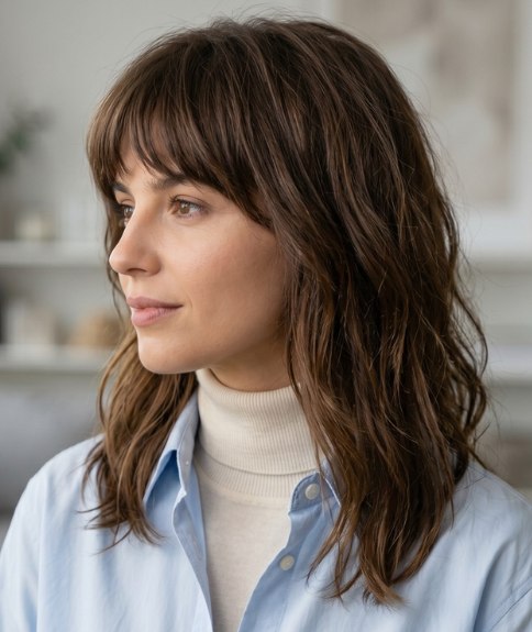 Coiffure longue avec une frange légère et aérienne