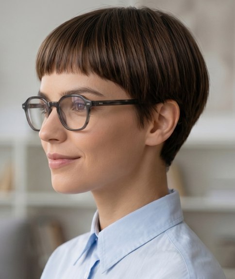 Cheveux courts sophistiqués, associés à des lunettes