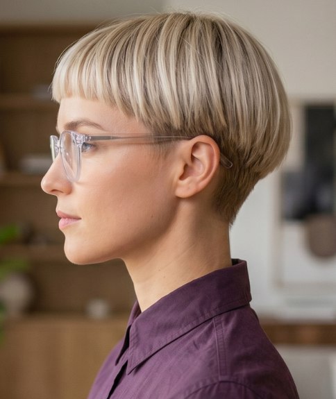 Cheveux très courts blond platine, associés à des lunettes