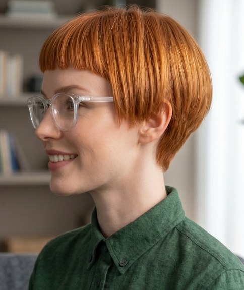Cheveux courts remarquables, associés à des lunettes