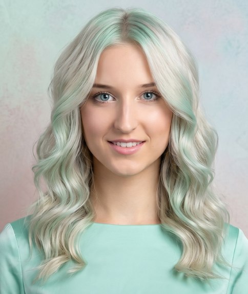 Coiffure longue avec combinaison de blond et vert menthe