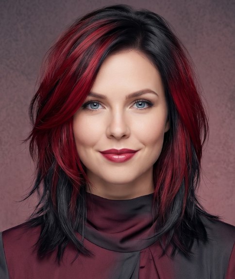 Cheveux noirs juste sous les &eacute;paules avec m&egrave;ches rouges