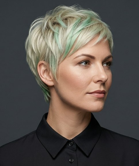 Cheveux courts blonds avec des m&egrave;ches vert menthe