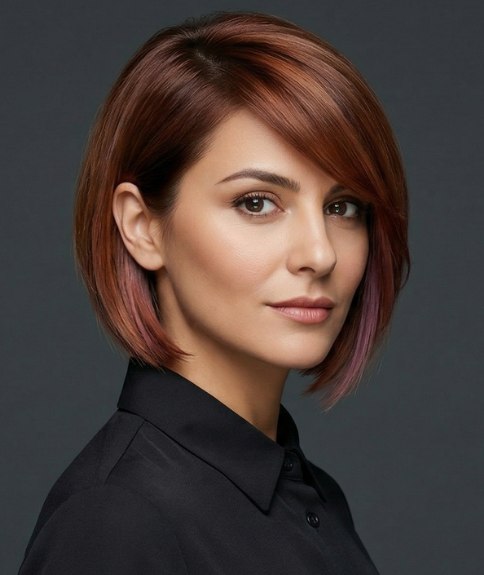 Carr&eacute; pour cheveux brun-roux avec des m&egrave;ches violettes