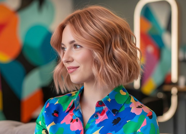 Cheveux blond fraise en carré plongeant