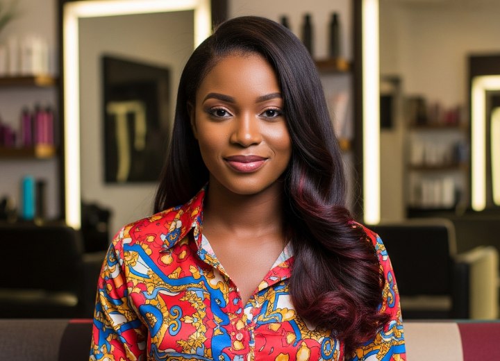 Cheveux bruns longs avec reflets rouges