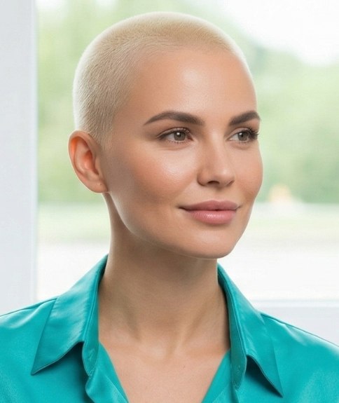 Femme aux cheveux blond platine avec une coupe ras&eacute;e