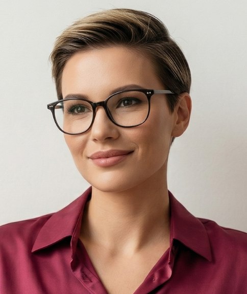 Cette coiffure courte se marie parfaitement avec des lunettes
