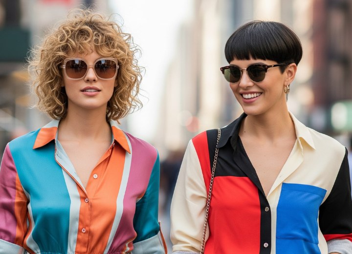 Carré long bouclé et coupe bol avec frange droite