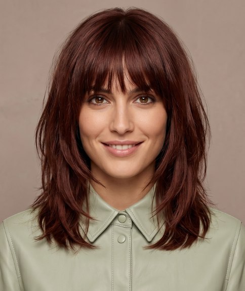 Coiffure longue avec des d&eacute;grad&eacute;s et une frange l&eacute;g&egrave;re