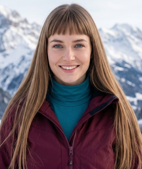 Coiffure longue et lisse avec une frange droite