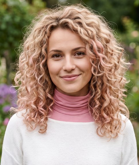 Coiffure longue avec des boucles rose p&ecirc;che