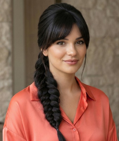 Cheveux avec une longue et &eacute;paisse tresse sur le c&ocirc;t&eacute;