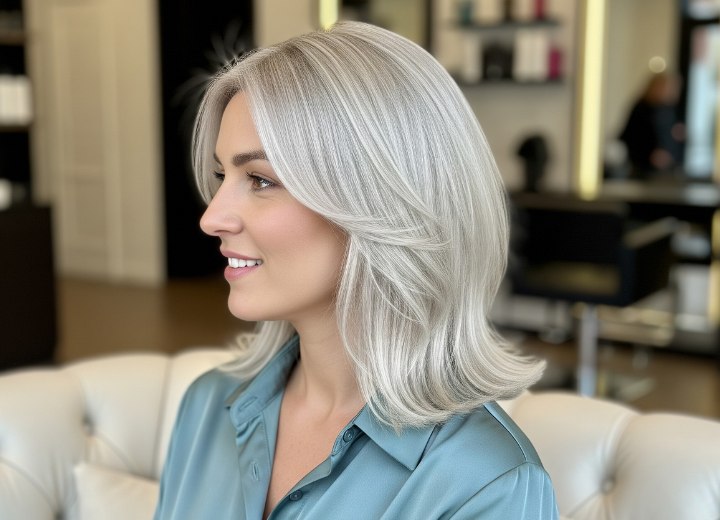 Cheveux blond argenté mi-longs - Tons platine froids