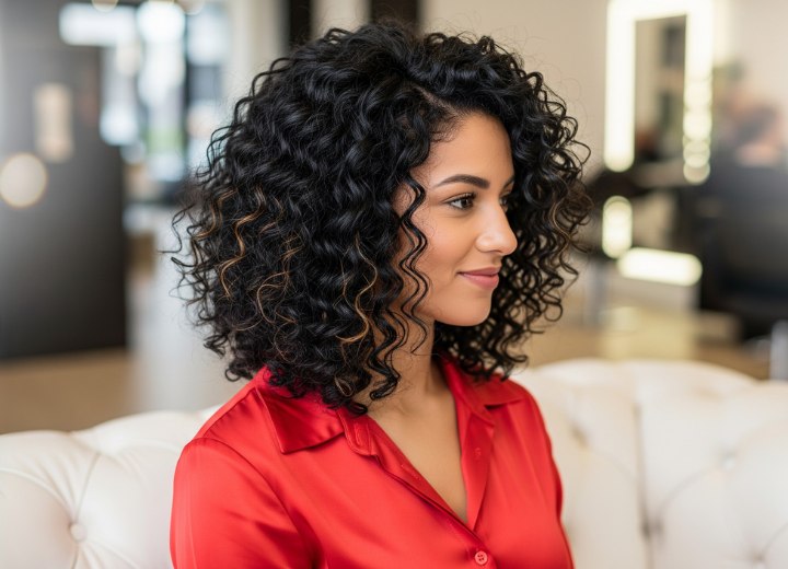 Coiffure bouclée mi-longue - Cheveux foncés avec mèches