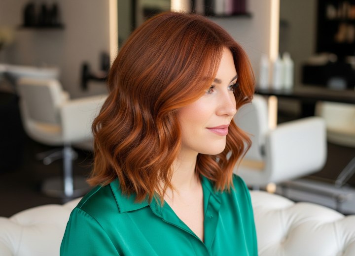 Cheveux auburn mi-longs avec ondulations et mèches cuivrées