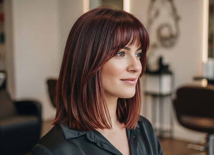 Coiffure mi-longue lisse couleur lie-de-vin