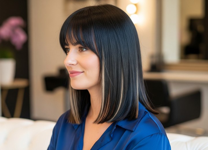 Cheveux châtain foncé lisses mi-longs avec mèches caramel